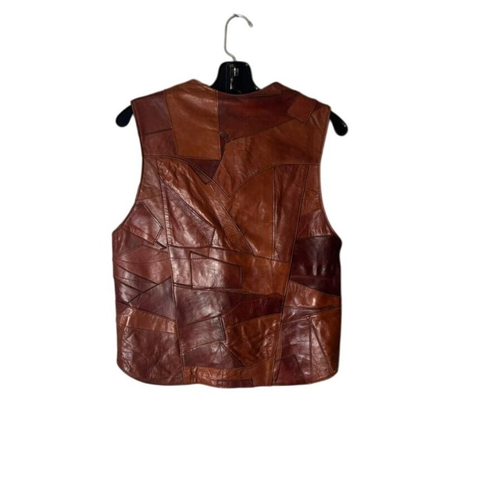 Vintage Leather Patchwork Vest Genuine Mexico-Made Mens Apparel Snap Closure - Picture 2 of 10